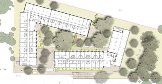 Sicht von oben auf das geplante Wohnheim in Golm
