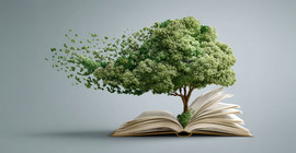 Symbolbild: Ein belaubter Baum wächst aus einem aufgeschlagenen Buch. Blätter und Seiten werden von Wind bewegt.