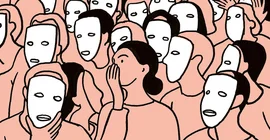 Digitale Zeichnung mit einfachen Linien und Farben: Blick in eine Menge von Menschen. Alle bis auf eine Person in der Mitte tragen weiße simple Masken. Sie flüstert hinter vorgehaltener Hand. Viele scheinen ihr zuzuhören.