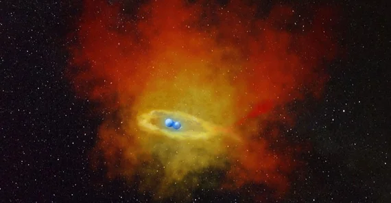 An artist’s impression of the two merging central stars inside the planetary nebula Henize 2-428 | Image Credit: Nicole Reindl