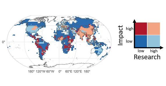 Globale Karte der Forschungsaktivitäten (Research) in Relation zum Auftreten (Impact) von Hochwasser.