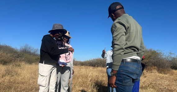 Vier namibische Studierende in der Savanne