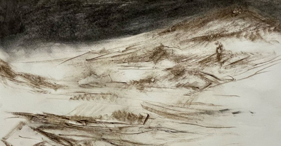 Das Foto zeigt das Kunstobjekt „nichtmehrwirklichnaturstudium II“, Kohle und Torf auf Büttenpapier von Adrian Meier