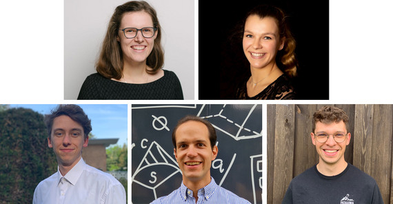 Preisträgerinnen und Preisträger 2024. Oben links: Dr. Annika Heike Stechemesser, oben rechts: Lara Sophie Dautzenberg, unten links: Dennys Gahrmann, unten Mitte: Prof. Dr. Sven Raum, unten rechts: Paul Suppan