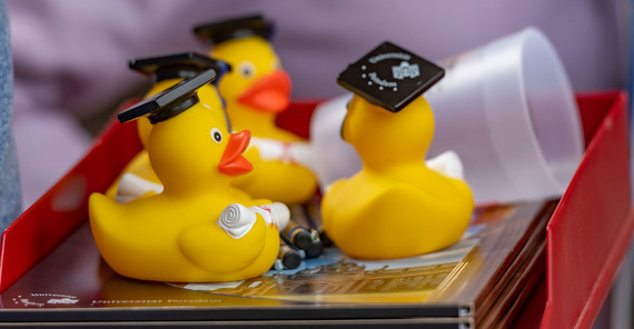 Quietscheenten mit Absolventenmütze.