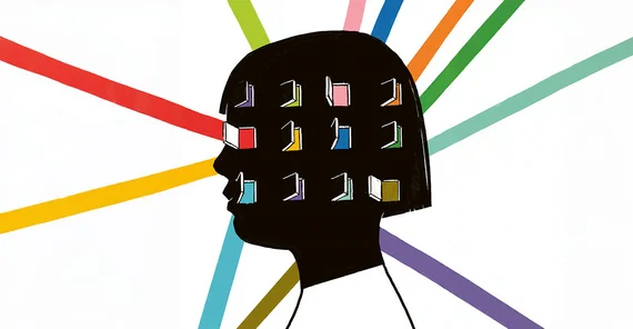 Illustration: Der Kopf eines Menschen im Profil. Schwarze Silhouette in der mehrere Reihen rudimentärer Türchen oder Fenster sich öffnen. Die Öffnungen sind jeweils verschieden farbig hinterlegt. Der Bildhintergrund ist wweiß durchzogen mit breiten Streifen in verschiedenen bunten Farben, die alle hinter dem Kopf zusammenlaufen.