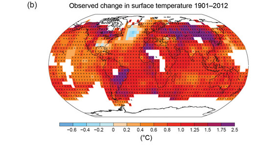 Weltkarte der dokumentierten Veränderung der Oberflächentemperatur im Zeitraum von 1901 bis 2012. Abbildung: IPCC, 2013. Weltkarte der dokumentierten Veränderung der Oberflächentemperatur im Zeitraum von 1901 bis 2012. Abbildung: IPCC, 2013.