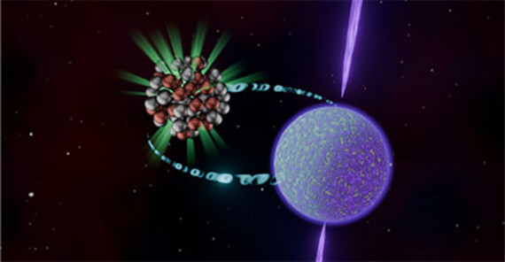 Artistic representation of a neutron star and an atomic nucleus.