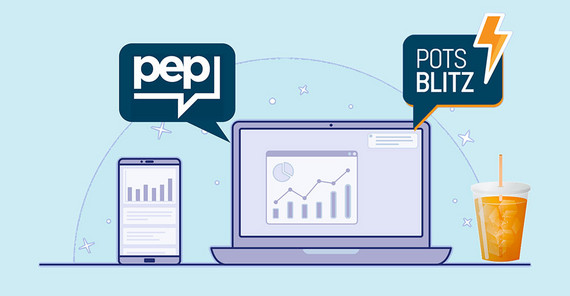 Das Bild zeigt eine Grafik eines Laptops und Smartphones. Daneben ein kühles Getränk. Aus dem Laptop kommen zwei Sprechblasen, auf der "pep" und "Potsblitz" steht.