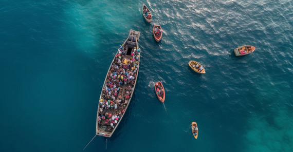 Boot mit geflüchteten Personen auf dem Meer.