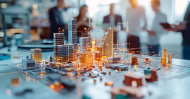 Modell einer Stadt auf einem Tisch mit erleuchteten Netzwerken darauf