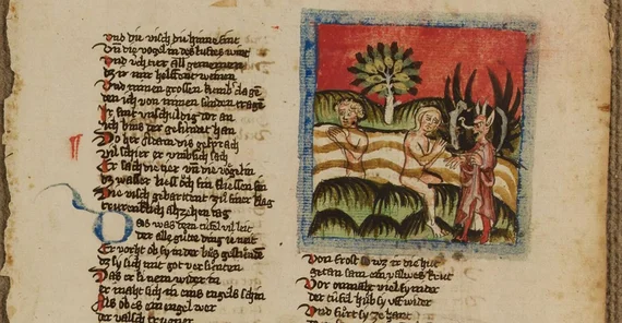 Ein Ausschnitt eines vergilbten Blattes Papier mit handgeschriebenem Text und einer farbigen Zeichnung. Es stammt aus dem Mittelalter.