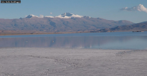 Starkniederschläge haben Bereiche der östlichen Anden in Nordwestargentinien erfasst und dort zu Schneefall auf fast 6000 Meter Höhe (Nevado de Chañi) und zu Regen in den darunterliegenden Bereichen auf fast 4000 Meter geführt. Das beeinflusste Gebiet ist normalerweise sehr trocken, was auch die Salzablagerungen im Vordergrund zeigen. Der See existiert nur aufgrund des starken Niederschlages. (Foto: Bodo Bookhagen)