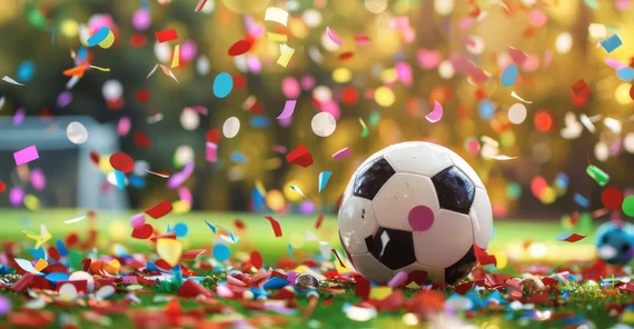 Ein Fußball auf einem Spielfeld mit buntem Konfetti