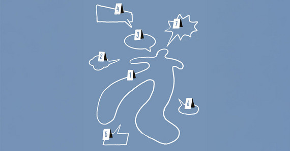 Black and white illustration on a blue background: chalk outline of a victim on the ground. Surrounded by various speech bubble outlines. Each one has a numbered label.