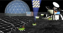 Computeranimierte Illustration der Mondoberfläche mit einer Anlage zur Produktion von Solarzellen.