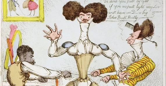 Contemporary cartoon of a “dandy”, unknown artist (“Lacing a Dandy”, published by Thomas Tegg, 1819. Photo: Wikimedia.