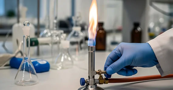 Bild in einem Labor: Bunsenbrenner wird von Hand gezündet.
