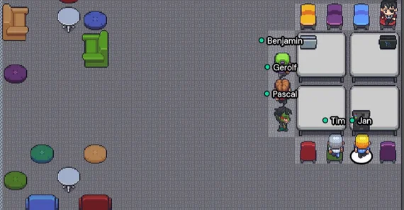 Sechs Figuren sitzen in einem gezeichneten Raum. Das Foto ist von Jan Bernoth und von Gathertown.