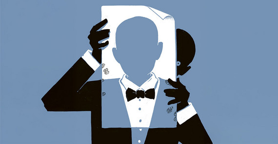 Black and white illustration on a blue background: symbolic image with a figure in a tuxedo holding a picture in front of them.