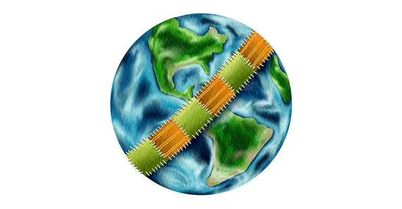 Illustration einer Weltkugel mit "reparierten" Stellen.