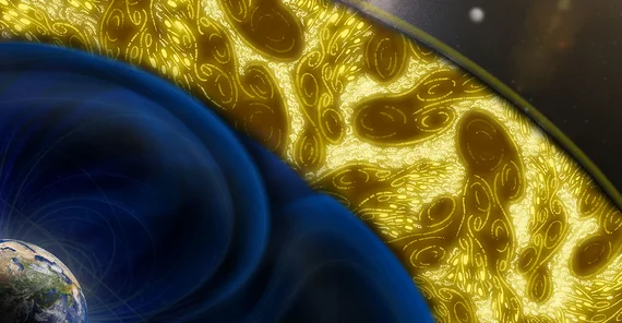 Künstlerische Darstellung der Turbulenzwirbel in der Magnetosphäre der Erde von großen zu kleinen Skalen. Eine zunehmende Helligkeit zeigt eine steigende Nichtlinearität an.