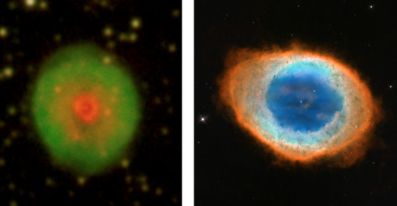 Bilder des Planetarischen Nebels HuBi 1 (links) und des sogenannten Ringnebels NGC 6720 (rechts), aufgenommen mit speziellen Filtern. Die Emission von niedrig ionisiertem Gas ist jeweils in Rot dargestellt, Emission von hoch ionisiertem Material in Blau u Bilder des Planetarischen Nebels HuBi 1 (links) und des sogenannten Ringnebels NGC 6720 (rechts), aufgenommen mit speziellen Filtern. Die Emission von niedrig ionisiertem Gas ist jeweils in Rot dargestellt, Emission von hoch ionisiertem Material in Blau und Grün. Foto: Martin A. Guerrero, Gerardo Ramos Larios / Hubble Space Telescope HRD: Marcelo M. Miller Bertolami, Martin A. Guerrero, Gerardo Ramos Larios.