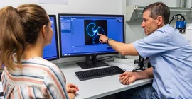 PhD student Nastasja Grdseloff and Prof. Salim Seyfried assessing light sheet microscopy images | Photo: Kevin Ryl