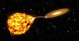 Artists view of mass loss from a red giant star due to gravitational pull of its solar-like companion. | Image credit: Joris Vos