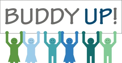 Six human figures in green and blue hues hold up a banner over their heads that says Buddy UP!